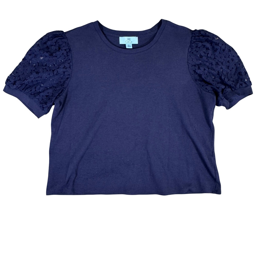 CeCe Navy Blue Lace Puff Short Sleeve Knit Top XL C6331480